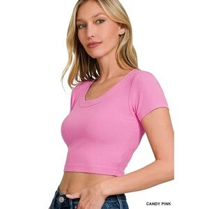 all in motion Pink Ribbed Scoop Neck Crop Top
